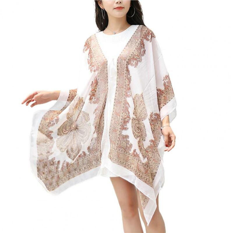 ฤดูร้อนผู้หญิงผ้าชีฟองลายดอกไม้ Kimono Beach Cardigan Sheer Cover Up ชุดว่ายน้ำยาวเสื้อเสื้อเสื้อผ้าผู้หญิง