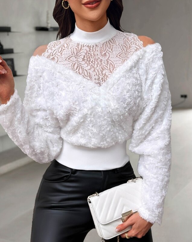 Women's Pullover Y2K Top 2024 Autumn Winter Lace Spliced Off Shoulder Sexy Elegant Long Sleeved Fashion Commuting Pullovers Tops