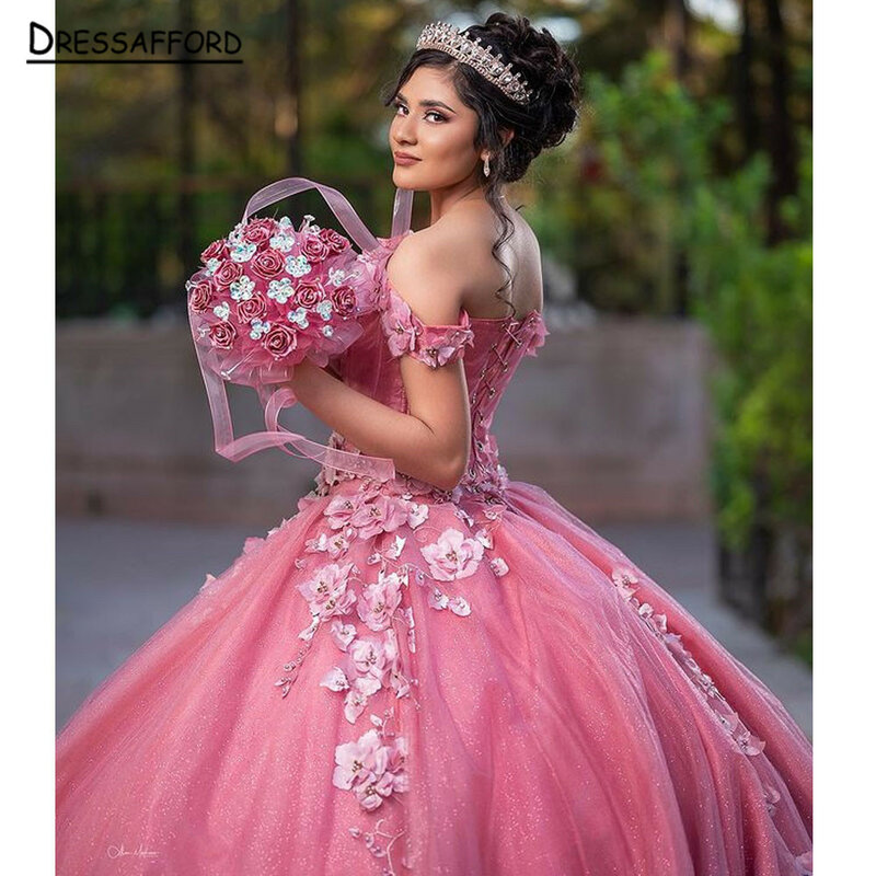 Rosa von der Schulter Korsett Quince anera Kleider Ballkleid 3d Blumen Spitze süß 15 Vestidos de XV Años
