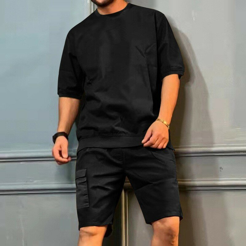 Traje deportivo de verano para hombre con múltiples bolsillos y pantalones cortos personalizados de manga corta, traje informal de cinco puntos