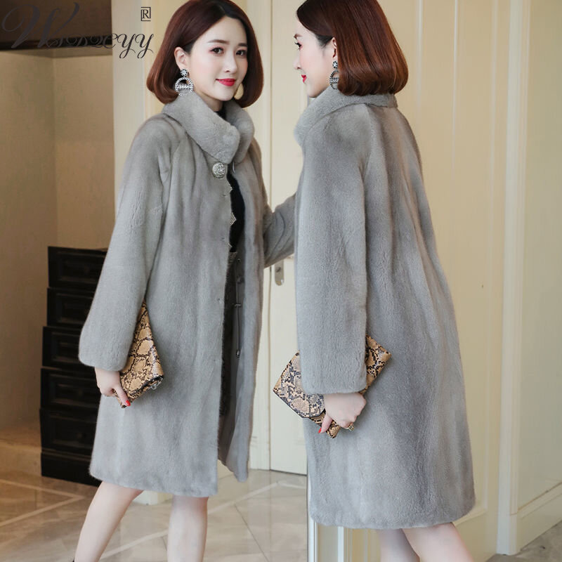 Imitation Mink Fur Winter Jacket Women Vintage Plus Size Long Faur Collar Coat Windproof Thick Stand Collar Loose Overcoat M-5XL