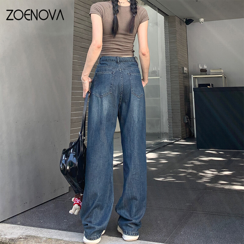 Zoenova Maillard Frühling Herbst Mode einfache Damen Jeans lässig Retro lose gerade weites Bein Hosen Boden Wisch jeans