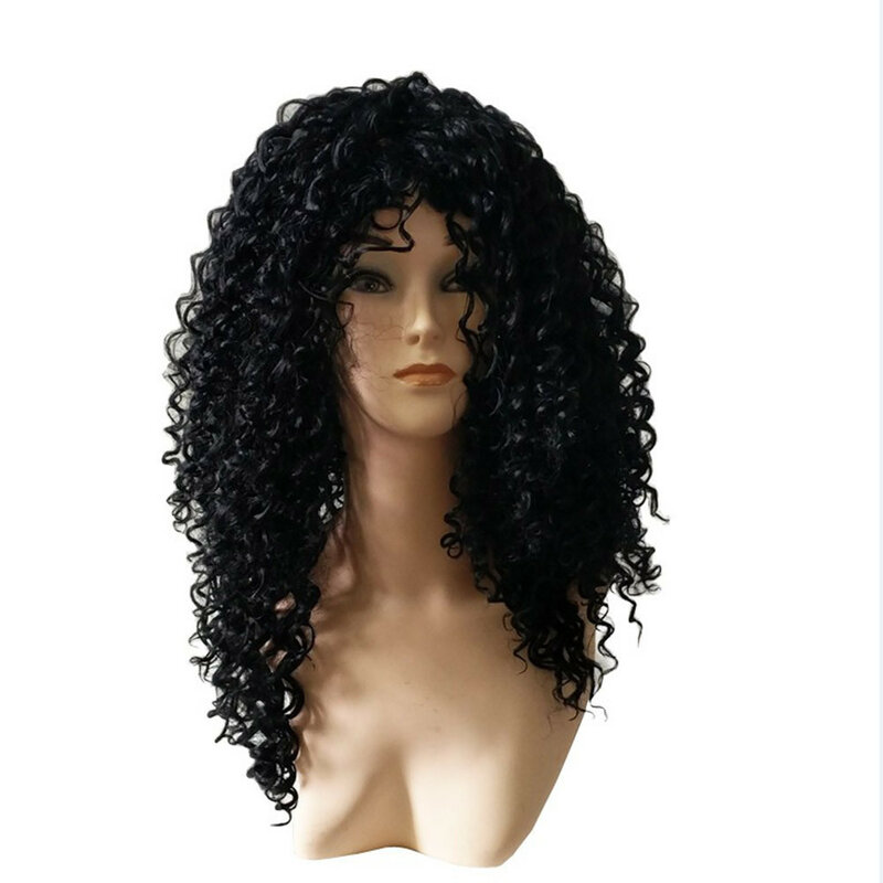 Wig keriting bertali tengah gaya Eropa dan Amerika rambut palsu Afro warna hitam alami tren modis rambut keriting panjang sedang alami