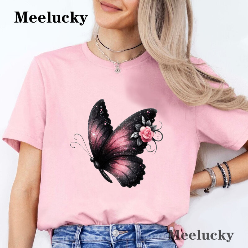 Camiseta com gola redonda estampada de flores e borboletas femininas, blusa casual de manga curta, roupas para primavera e verão