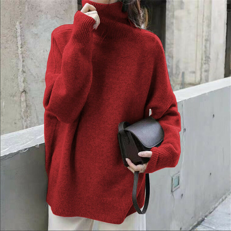 Pulôver feminino de manga comprida com gola alta, suéter de tricô grosso, jumper quente, outono inverno