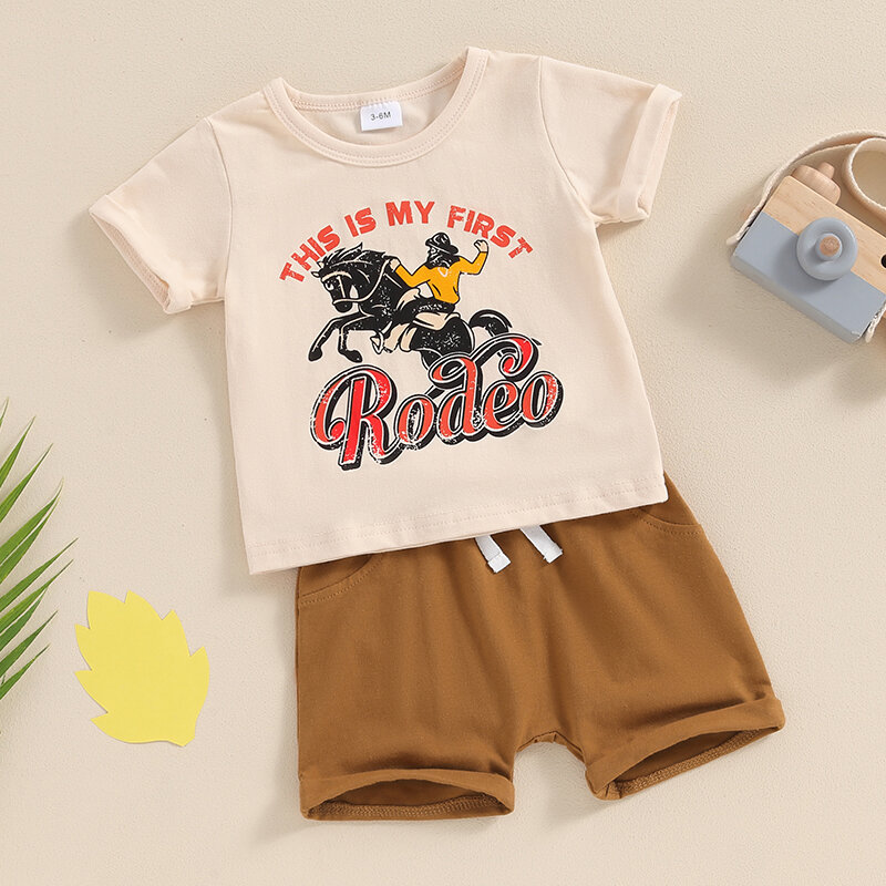 2024-03-29 lioraitiin 3M-3Y Toddler Summer Baby Boy Western Outfits Short Sleeve Horse Print Tops + Solid Shorts Set Clothes