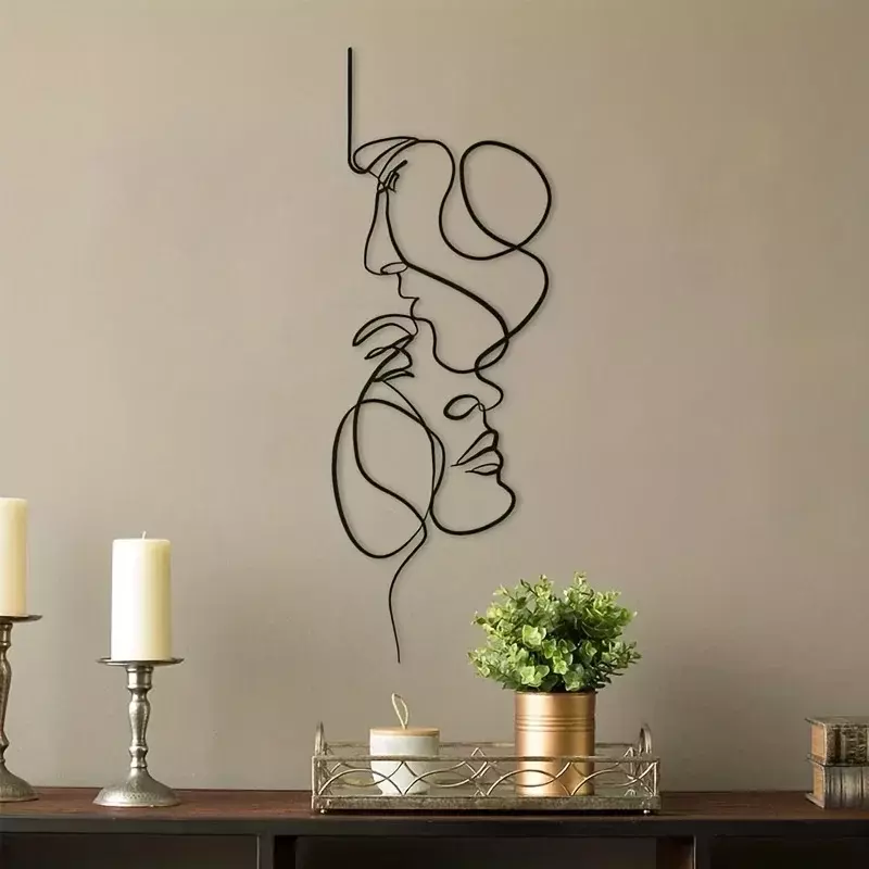 Arte de pared de Metal minimalista, decoración de línea Facial, escultura de pared de hierro abstracta, decoración de arte colgante moderna para el hogar negro