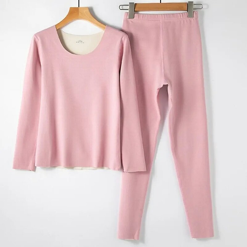 Soft German Fleece Solid Color O-Neck Pants Korean Style Sleepwear Elastic Underwear Long Johns Set Women Thermal Underwear