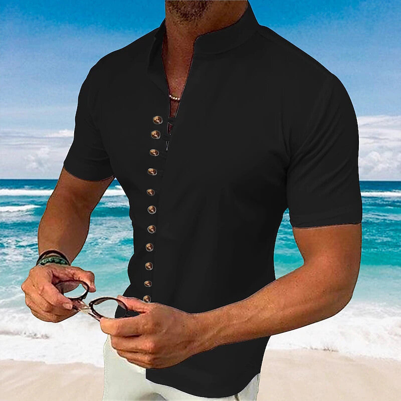 Camicia a maniche corte di alta qualità di nuova moda estiva da uomo monopetto in tinta unita con risvolto camicia in stile inglese