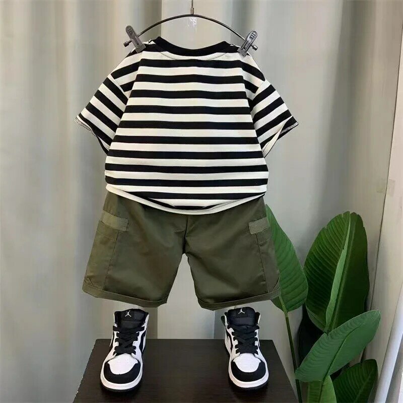 Boys Summer Set 2024 New Western Style Boys and Babies Work Clothes Trendy Children's Internet Popular Fashion Two Piece Set 2-9
