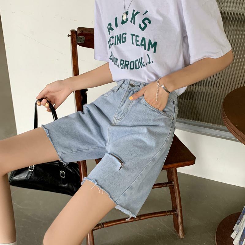 2024 Summer Perforated Cowboy Women's Loose Korean Edition New High Waist Straight Tube Pants Versatile Slimming Shorts