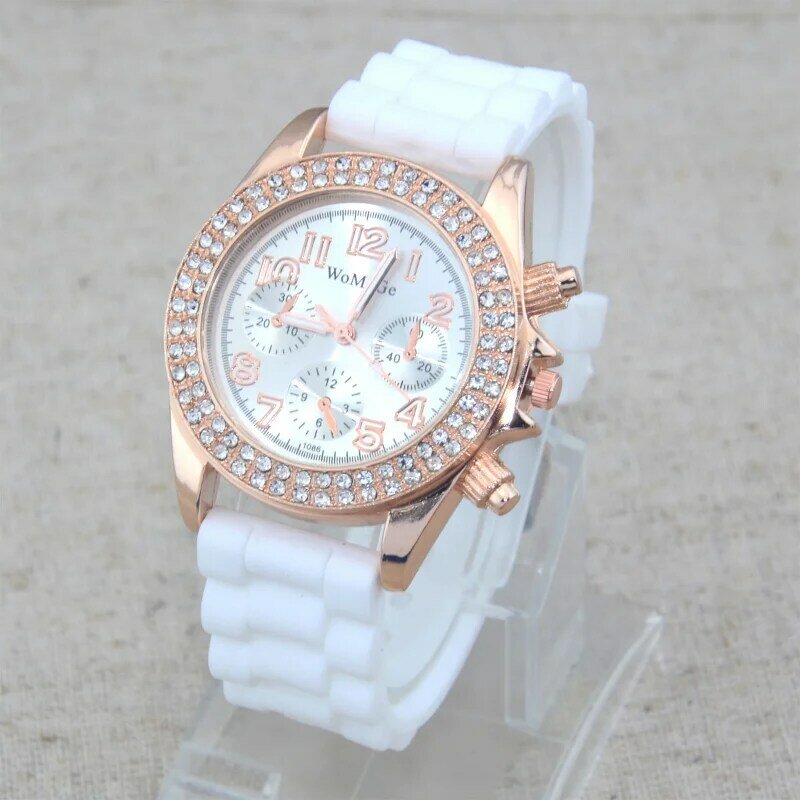 New Fashion Casual Women's Watches Luxury Rose Gold Crystal Dial Rubber Band Quartz Wristwatches Ladies Watches Montre Femme