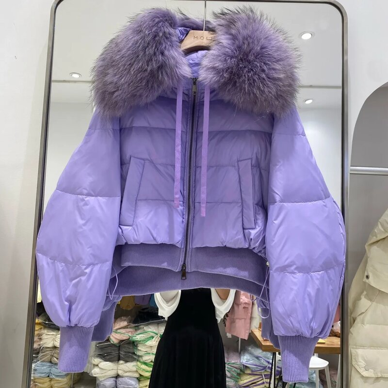 女性のための長袖の大きな毛皮の襟付きジャケット,ヨーロッパと韓国のスタイル,豪華で軽い,冬,新しい,2024