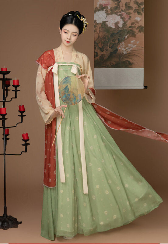 Hanfu 여성 드레스 중국 전통 민속 옷 당나라 동양 무용 고대 풀 세트 정장, 가슴 치마, 녹색