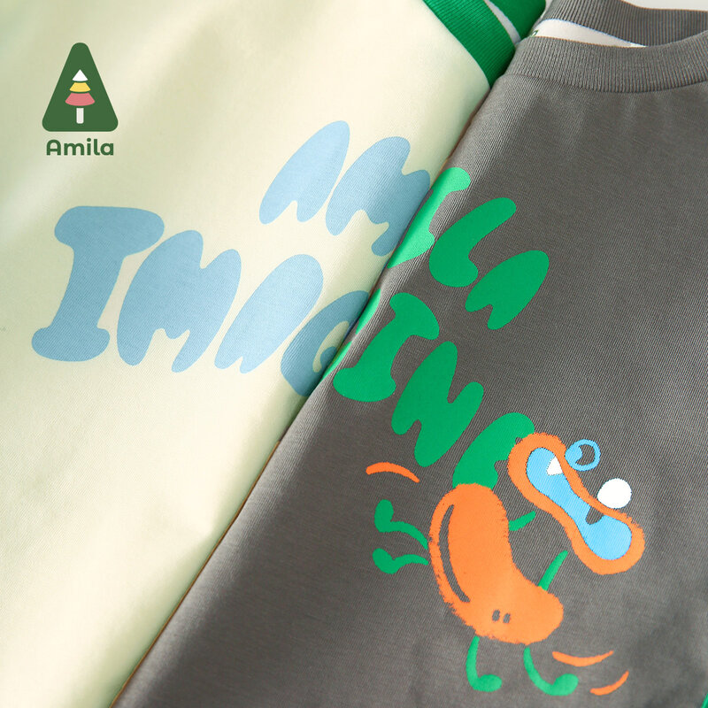 Amila 2024 소년 세트, 컬러 매칭 프린트 티셔츠 및 반바지, 통기성 및 편안한 스포츠 세트, 0-6 세, 신제품