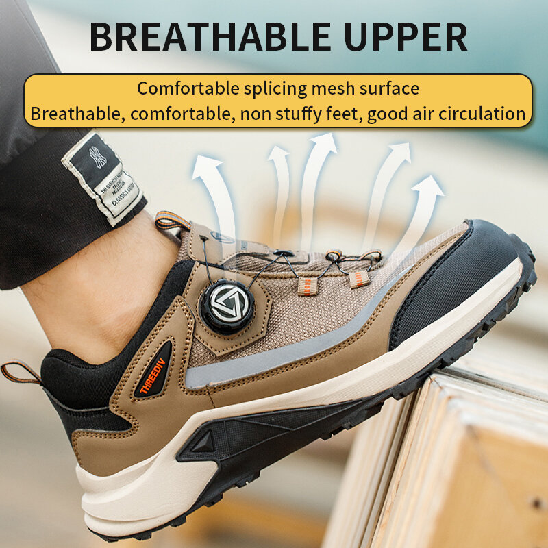 Nuovi stivaletti punta in acciaio pulsante rotante Sneakers da lavoro scarpe da lavoro antiforatura leggere scarpe da uomo con costruzione senza pizzo