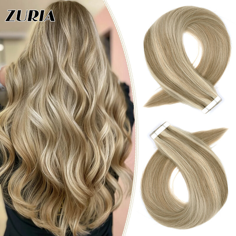 ZURIA 12-28‘’ 10PCS Short Tape in Human Hair Extensions Long Hairpiece Non-Remy Invisible Adhesive Skin Weft Blonde For Women