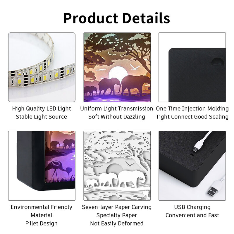 애니메이션 라이트 박스 코끼리 종이 컷 라이트 박스, 섀도우 박스 프레임, 야간 LED 룸 라이트, USB 데스크 램프, 방 장식, 어린이 선물