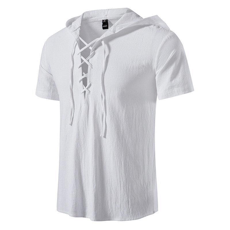 Футболка мужская с капюшоном и коротким рукавом, хлопковая льняная рубашка с V-образным вырезом, дышащая Повседневная футболка со светодиодной подсветкой, лето
