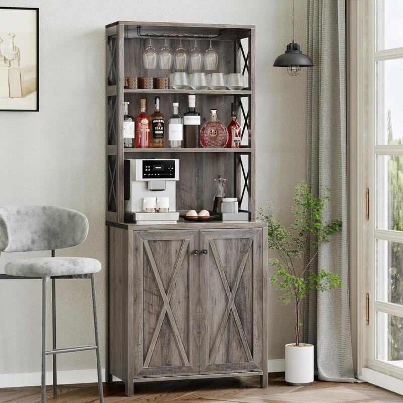Bar Cabinet, Tall Farmhouse Coffee Bar Wine Cabinet for Liquor and Glasses, Dining Room Bar Cabinet with Storage, Liquor Cabinet