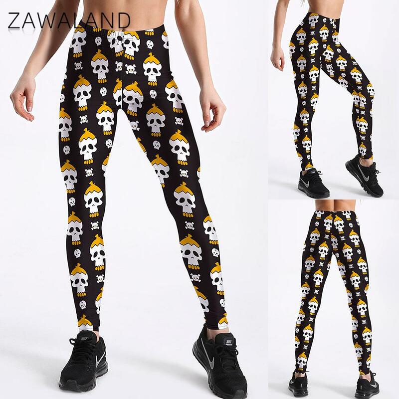Zawaland Fashion Skull Lady Leggings Halloween 3D Printed Trousers Adult Carnival Cosplay Party Sport Workout Fitness Pants