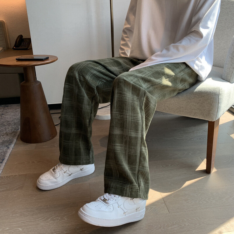 Mężczyźni kratkę dorywczo spodnie luźne proste spodnie sztruksowe dresowe człowiek mody Streetwear 2023 wiosna nowe spodnie Hip hopowe