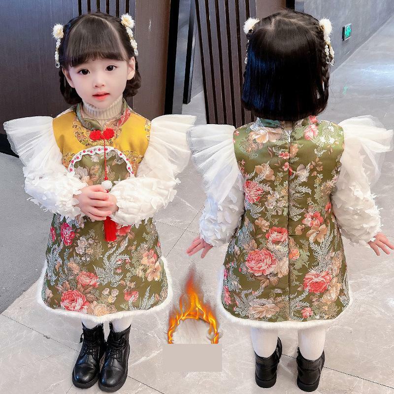 Inverno meninas vestido de ano novo crianças cheongsam algodão bordado tang terno crianças chinês adorável qipao algodão-acolchoado roupas