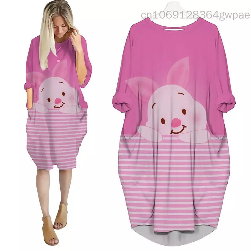 Pink Piglet Oversize Long Sleeves Pocket Dress Disney Cartoon Batwing Pocket Dress Women's Fashion Versatile Loose Party Dress