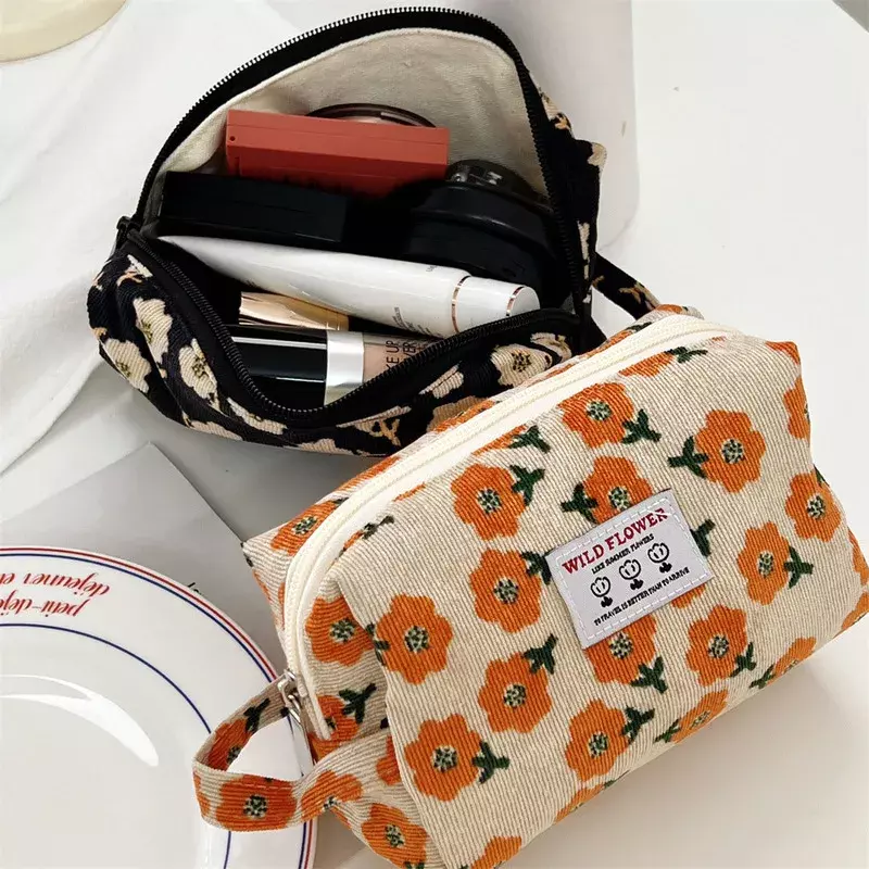 Bolsa de cosméticos con flor de pana para mujer, estuche de lápices para estudiantes coreanos, organizador de brochas de maquillaje de viaje, Neceser