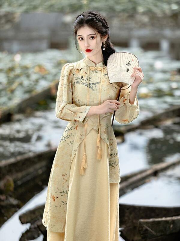 Neue chinesische Art Republik China verbessert Cheong sam Frauen Frühling Sommer elegante gefälschte zweiteilige bedruckte Qipao Kleid