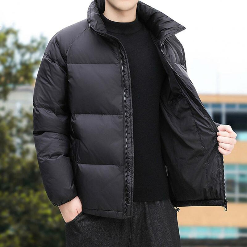 Męski płaszcz puchowy z zamkiem błyskawicznym stójka jednolity kolor zagęszczony wyściełany płaszcz zimowy ochrona szyi