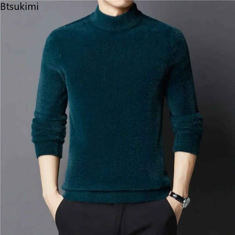 Новинка 2024, мужской теплый плотный шерстяной свитер, Однотонный женский зимний мужской плотный свитер с плюшевой подкладкой, облегающие пуловеры