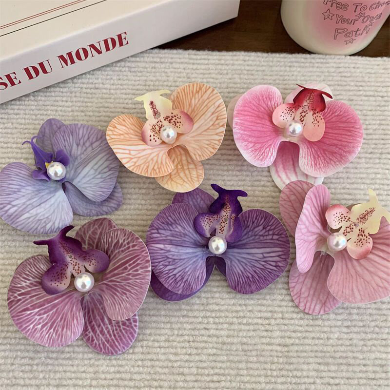 3D Butterfly Orchid Pearl Hair Clips Fashion Bohemia Cloth Floral Pearl Hair Clip Duckbill Clip Bangs Side Clip
