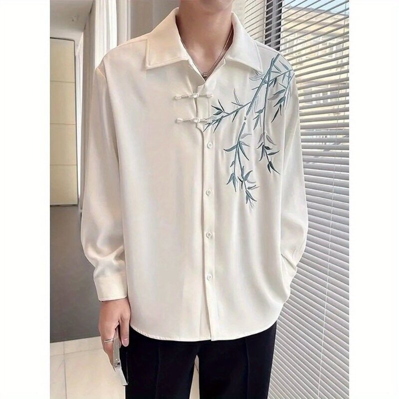 Camisa de manga comprida bordada estilo chinês masculino, blusa solta casual, gola flip estampada, elegante, nova, primavera e outono, 2024
