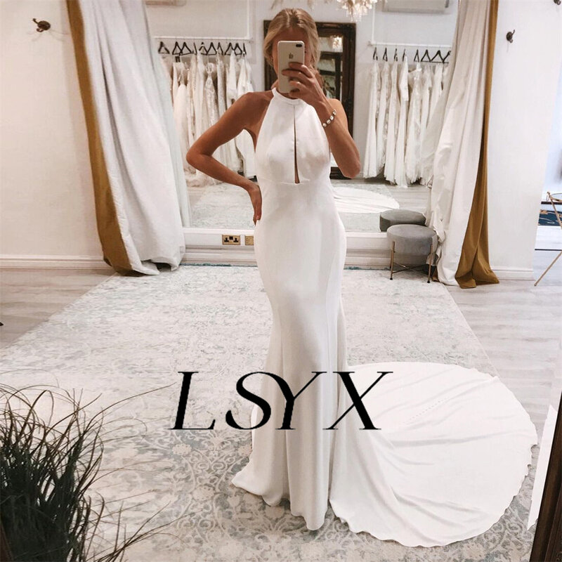 LSYX-vestido de novia de cuello alto, sencillo, sin mangas, corte de crepé, sirena blanca, espalda abierta, tren de corte, hecho a medida