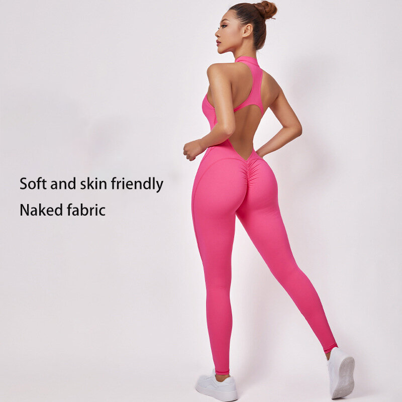 Nowe Zip Up Rompers Scrunch Butt Yoga Sets Spodnie bez rękawów Jumpsuit dla kobiet Fitness Gym Clothing Workout Open Back Sports Suit