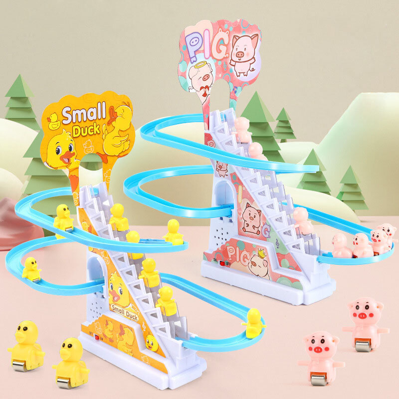 Electric Duck Track Rail Racing Slide Piggy Climbing Stairs Baby Toy LED Lights Musical Slide Roller Coaster Toys for Gift