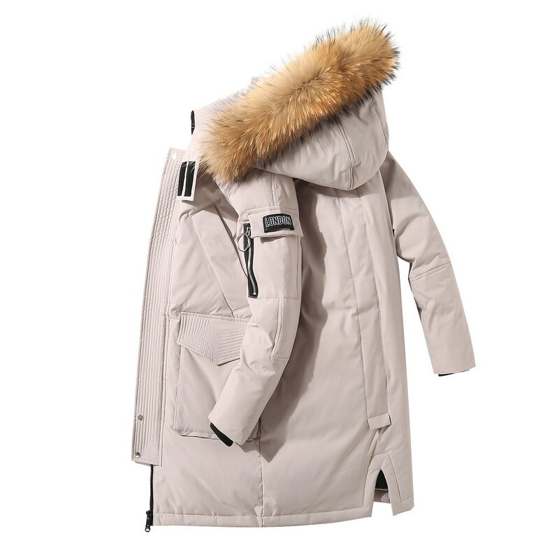 フード付きメンズロングジャケット,厚手の暖かいパーカー,ファーカラーのコート,カモフラージュウインドブレーカー,白いダックジャケット,冬のファッション