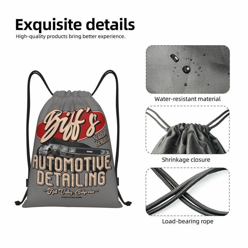 Custom Classic Back To The Future Film Drawstring Backpack Sports Gym Bag for Biff's Automotive Detailing Birthday Party Gifts