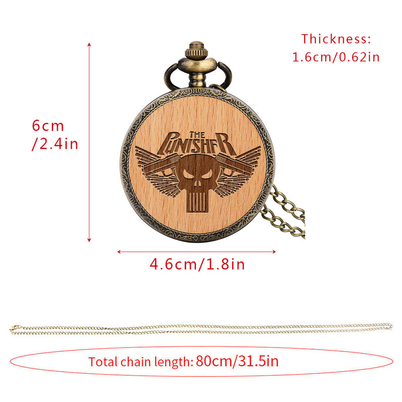 The GUNRISHFS-reloj de bolsillo de madera con calavera de bronce antiguo para hombre