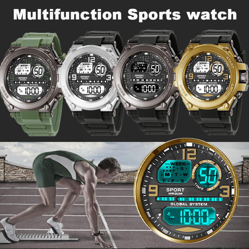 Jam tangan elektronik pria, arloji kronograf bercahaya kasual olahraga luar ruangan Digital militer tahan air