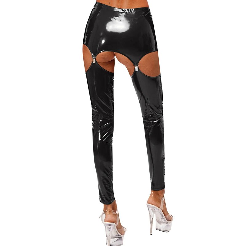 Womens Glossy Sexy Tights Pants Patent Leather Mini Skirt with Garter Clips Elastic Waist Thigh Cutout Leggings Sexy Clubwear