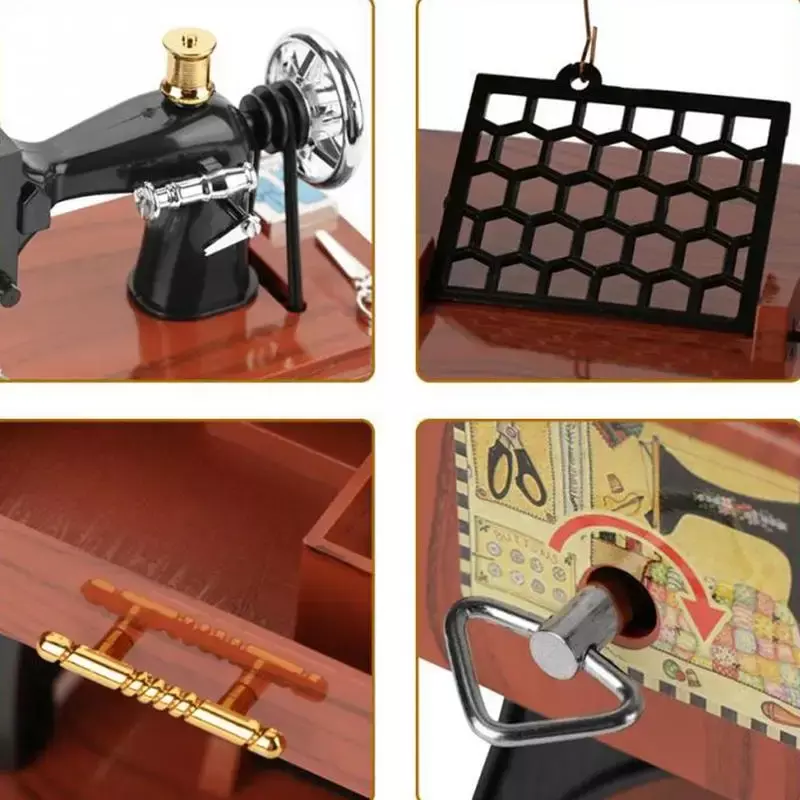 Mini caixa de música nostálgica para alice música aleatória presente de natal para esposa criativo retro simulação máquina de costura caixa de música manivela mão
