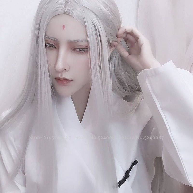 Disfraz de Hanfu de pelo largo y liso para hombre, pelucas de Anime japonesas de elfo, príncipe inmortal, accesorio de fiesta de actuación en escenario de Carnaval