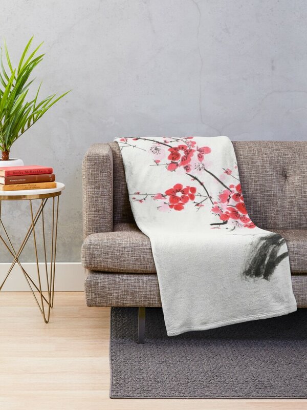 Japonês Cherry Blossom Abstract Polar Blanket, Zen Pintura de Sakura Branch, Flores Vermelhas na Impressão de Arte Branca, Jogue Blanket