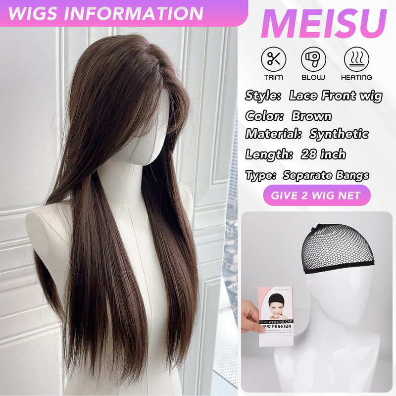 Meisu-女性用ブラウンフロントレースウィッグ、ストレートファイバーウィッグ、合成、耐熱性、リアルなカーリーウィッグ、パーティー、28インチ