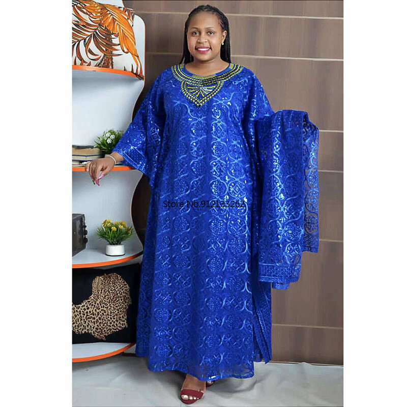 Vestidos africanos dashiki para mulheres, vestido longo com gola o, interior e Headtie, roupas africanas, azul e amarelo, primavera e verão