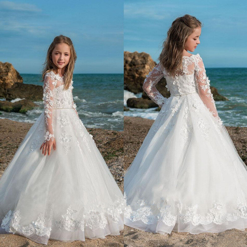 First Communion Dresses Long-sleeved Tulle Lace Decal Princess Flower Girl Dress Wedding Party Ball Dream Kids Surprise Present