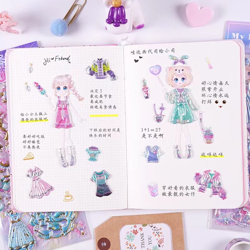 3D Princesa Kawaii Dupla Camada Adesivo para Crianças, Vestir Boneca Etiqueta, Brinquedo para Laptop, Scrapbooking, Papelaria, Notebook, 1Pc