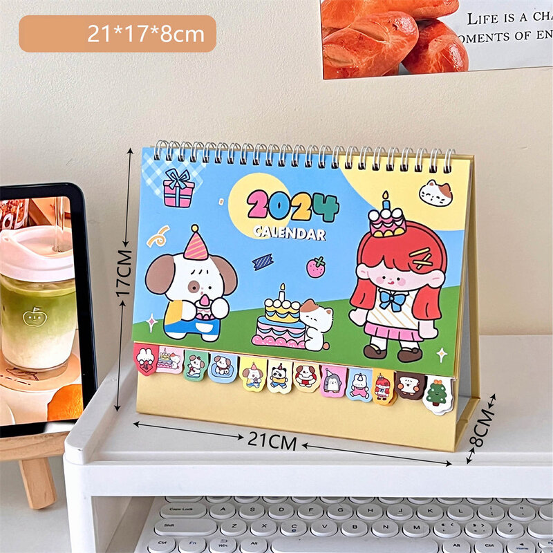 2024 Kawaii calendario da tavolo Cartoon Cute Animal Mini Desktop Note Coil Calendar Agenda giornaliera Planner calendario da tavolo blocco Note